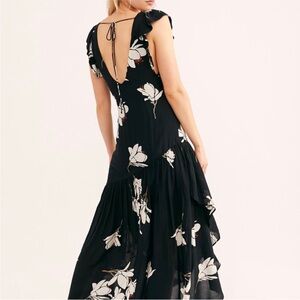 Free People Black Floral Maxi Dress | Tie Back Deep V Boho, She’s a waterfall